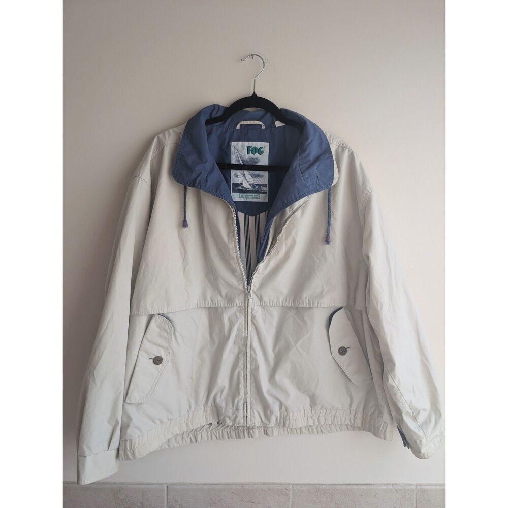 London Fog men’s vintage nautical windbreaker jacket cream blue sailboat coastal